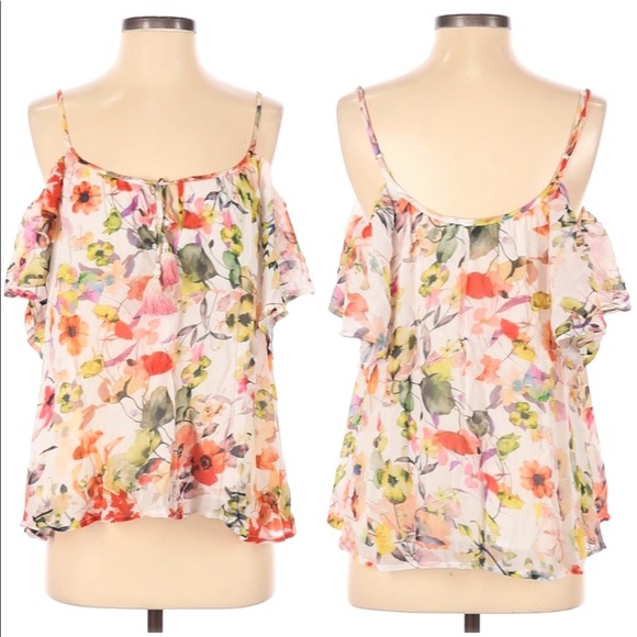 Anthropologie Love Sam Floral Cold Shoulder Flutter Sleeve Blouse Medium - Picture 2 of 12
